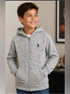 U.S. Polo Assn. Boys Gray Sherpa-Lined Zip-Up Hoodie – Size 7